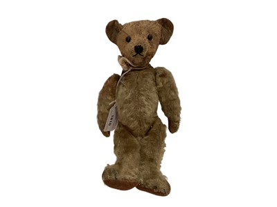 Lot 1810 - Early 20th century small bear with boot button eyes, wood wool stuffing, disc joints, mohair plush, vertically stitched nose. 26cms approximately.