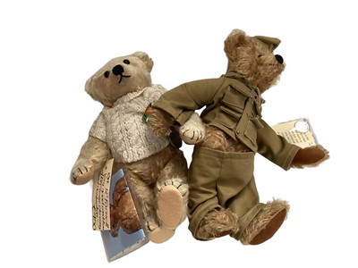 Lot 1813 - Early Farnell bear cleaned and restored including new eyes, wearing a Defence Medal. Dean's VE Day Soldier bear 25 of 200 with tags and Juliet 23 of 50 plus small vintage Merrythought bear. W...