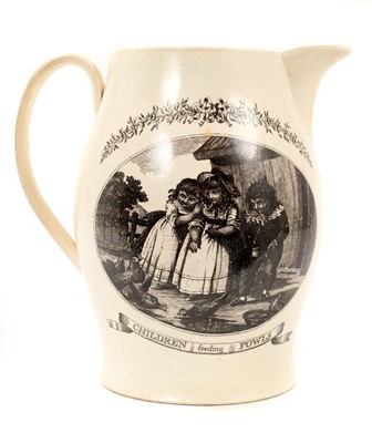 Lot 131 - English creamware jug, circa 1800, printed with two scenes entitled 'Children feeding Fowls' and 'Childish Amusement', 22.5cm high