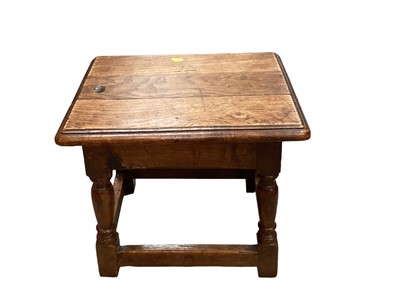 Lot 1201 - Oak joint stool on turned and block supports joined by stretchers