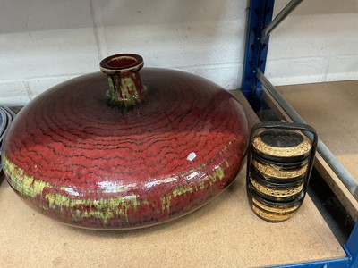 Lot 76 - A large bulbous glazed pottery vase, and a set of Oriental stacking boxes