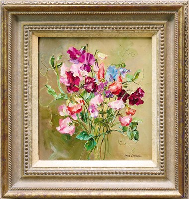 Lot 1098 - *Anne Cotterill (1933-2010) oil on board - Still Life Sweet Peas, signed, 28cm x 25.5cm, framed