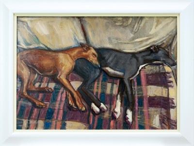 Lot 1152 - Dominica Yannaghas (Contemporary) oil on board - 'Let sleeping dogs lie', signed and titled verso, 47cm x 67cm, in painted frame