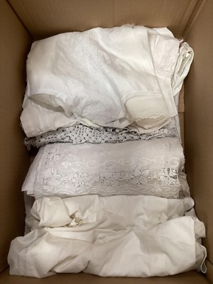 Lot 2104 - Quantity of Edwardian and later white cotton and lace, crochet and broderie anglaise items including women's petticoats, nighties, camisoles. Plus babies Christening clothing, dresses and petti...