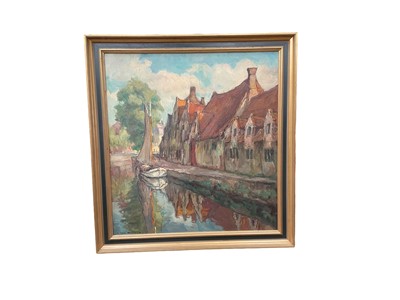 Lot 845 - Maurice van Middel (Flemish), Bruges School oil on canvas of a canal scene, signed, framed