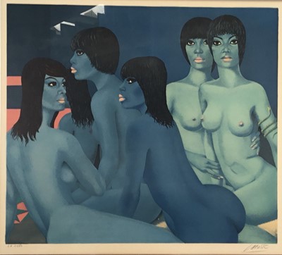 Lot 138 - Felix Labisse (French, 1905-82), pencil signed print of nude women in blue (21/50), framed and glazed