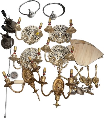 Lot 88 - Brass and other light fittings, towels hangers, etc