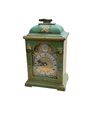 Lot 90 - Chinoiserie lacquered mantel clock, inscribed 'Tempus Fugit' to the front, 18.5cm high