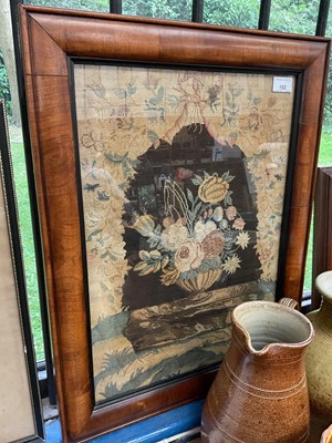 Lot 102 - 19th century tapestry of vase of flowers, in glazed William and Mary style cushion walnut frame, total size 62 x 47cm