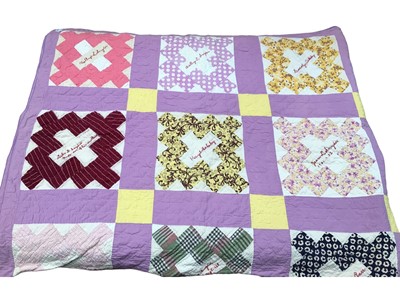 Lot 2111 - American Square and Diamond Patchwork quilt handmade by a collaboration of needlewomen. Each square center is signed and some dated. 180 cms x 210 cms approximately.