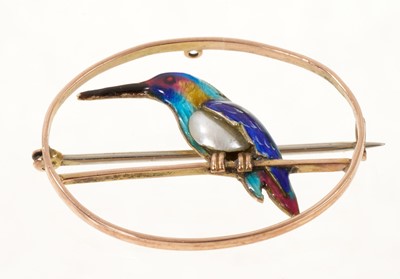 Lot 427 - Edwardian gold enamel and pearl kingfisher brooch