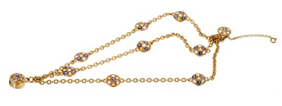 Lot 434 - 18ct gold multi-strand bracelet with sapphire clusters