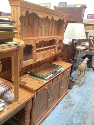 Lot 1214 - Pine dining table, 181cm x 91cm, together with a pine two height dresser, 154cm wide, 49cm deep, 197cm high (2)