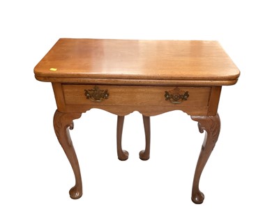 Lot 1215 - Georgian mahogany tea table with foldover top and drawer below, 76cm wide, 37.5cm deep, 73.5cm high