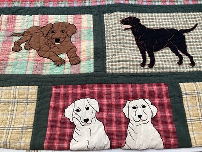 Lot 2120 - Padded Patchwork quilt made up from wool squares with center knots 170 cms x 220 cms, cotton patchwork quilt with appliqued dogs by Orvis and a machined patchwork quilt printed cotton squares, 1...