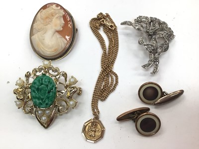 Lot 1038 - 9ct gold St. Christopher pendant on 9ct gold chain, a carved shell cameo brooch, pair of cufflinks and two vintage brooches