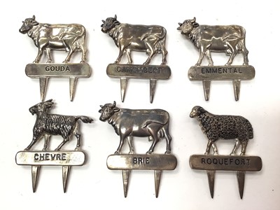 Lot 360 - Set of six novelty silver plated cheese markers mounted with cows, a sheep and a goat