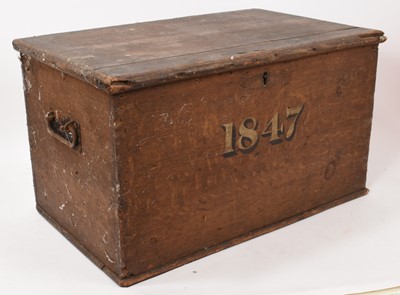 Lot 801 - Mid-19th century grained pine box, emblazoned with date 1847, 55cm wide