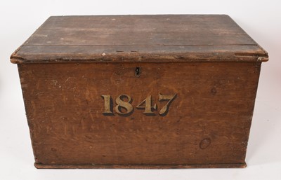 Lot 801 - Mid-19th century grained pine box, emblazoned with date 1847, 55cm wide