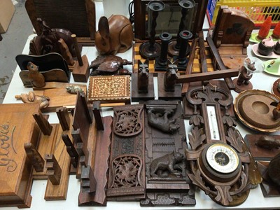 Lot 316 - Group of treen items including bookends, carved book slides, candlesticks, glove box, coconut box etc