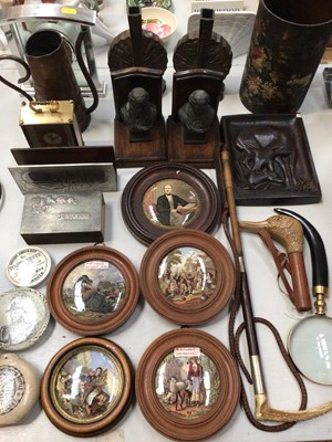 Lot 320 - Prattware pot lids, pair of Japanese copper vases, pair of book ends, riding crop and other items