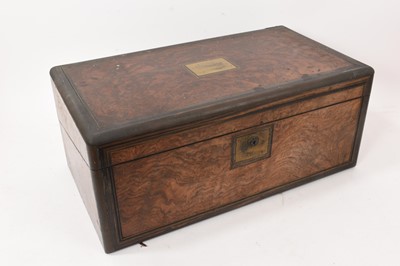 Lot 742 - Victorian burr walnut and brass bound writing slope with fitted interior and secret draws, 46cm wide