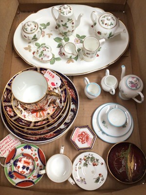 Lot 324 - Wedgwood Wild Strawberry miniature tea and coffee set, Coalport miniature tea set, other similar items including Royal Crown Derby Imari