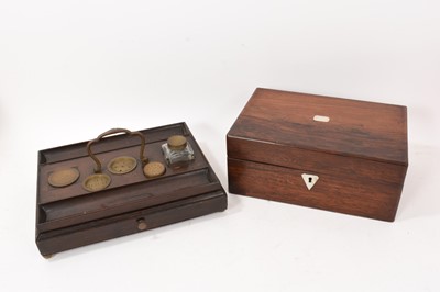 Lot 743 - 19th century rosewood desk stand, together with a Victorian rosewood writing box. (2)