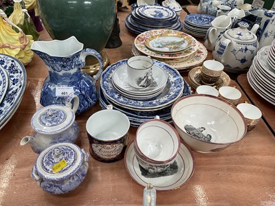 Lot 461 - 19th century English porcelain mug named 'Amelia', together with Mason's blue and white transfer printed jug, lustre teawares, pearlware plates and other items.