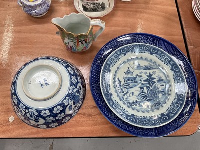 Lot 462 - 18th century Chinese blue and white export plate, similar bowl, Cantonese famille rose jug and a Japanese blue and white plate (4).