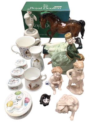 Lot 335 - Royal Doulton figures, horse, cat, child's nursery rhyme cup and The Snowman Collection including a boxed musical snowman