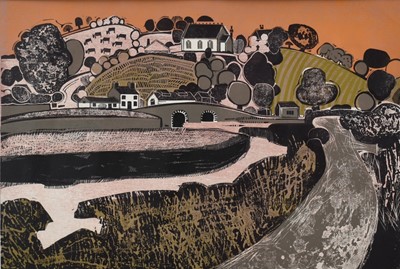 Lot 1224 - Graham Clarke (b.1941) linocut - Bridge at Gweek, signed titled and numbered 22/50, in glazed frame