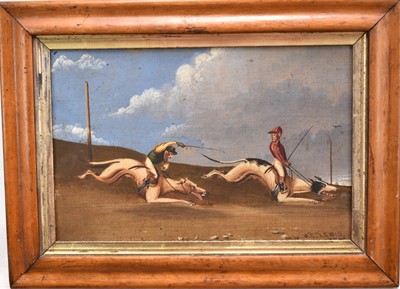 Lot 1160 - W.T. Lewis 1878, oil on metal, Monkeys dressed as jockeys riding greyhounds, signed and dated, in maple frame. 19 x 29cm.