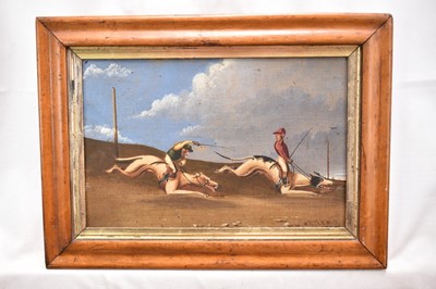 Lot 1160 - W.T. Lewis 1878, oil on metal, Monkeys dressed as jockeys riding greyhounds, signed and dated, in maple frame. 19 x 29cm.