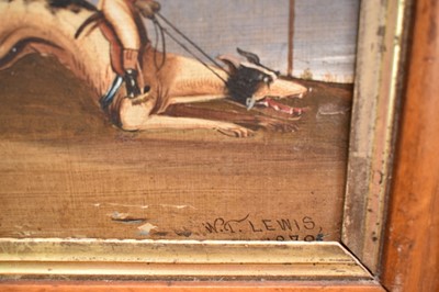 Lot 1160 - W.T. Lewis 1878, oil on metal, Monkeys dressed as jockeys riding greyhounds, signed and dated, in maple frame. 19 x 29cm.