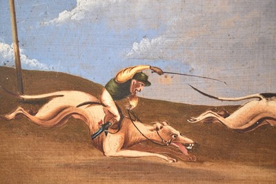 Lot 1160 - W.T. Lewis 1878, oil on metal, Monkeys dressed as jockeys riding greyhounds, signed and dated, in maple frame. 19 x 29cm.