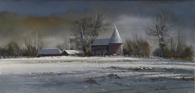 Lot 61 - Paul Evans, gouache - Winter Shadows, signed, 18cm x 36cm, framed and glazed