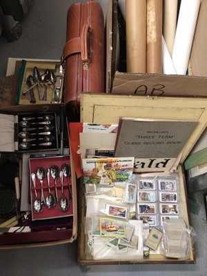 Lot 307 - Group of cigarette cards, ephemera, boxed and loose cutlery, vintage briefcase and other sundries