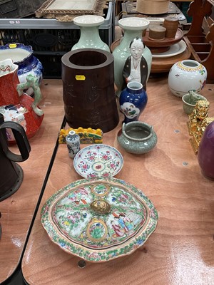 Lot 472 - Chinese famille rose tureen and cover, bamboo brush pot, celadon censor and other oriental items.