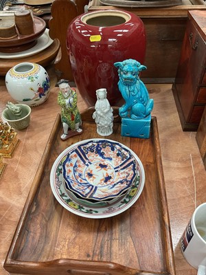 Lot 474 - Pair of Japanese Imari dishes, Blanc de chine figure, dog of foo and other oriental items.