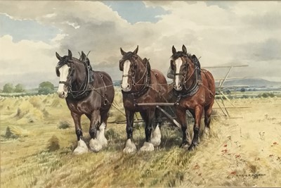 Lot 33 - Dorothy Margaret and Elizabeth Alderson (1900-1992) watercolour - team of work horses ploughing, signed and dated 1975