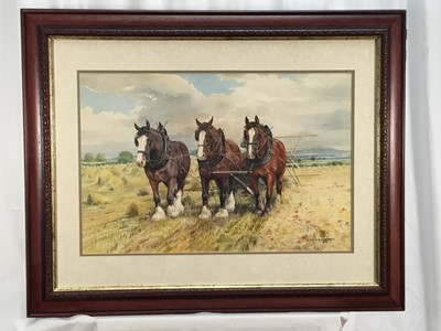 Lot 33 - Dorothy Margaret and Elizabeth Alderson (1900-1992) watercolour - team of work horses ploughing, signed and dated 1975