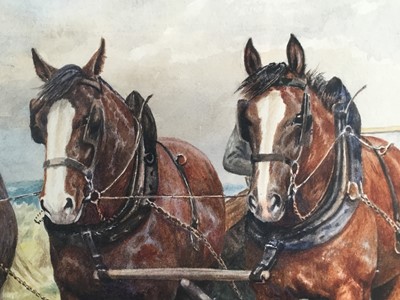 Lot 33 - Dorothy Margaret and Elizabeth Alderson (1900-1992) watercolour - team of work horses ploughing, signed and dated 1975