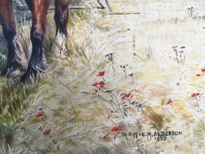 Lot 33 - Dorothy Margaret and Elizabeth Alderson (1900-1992) watercolour - team of work horses ploughing, signed and dated 1975