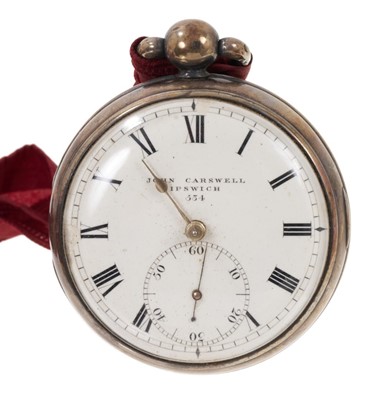 Lot 547 - George III silver pocket watch with fusee movement by John Carswell, Cornhill, Ipswich, signed and numbered 534. Hallmarked London 1815