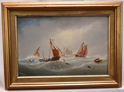 Lot 1159 - William Daniel Penny 1834 - 1924, a pair of oils on board, Fishing vessels in rough seas and calm seas, one signed and dated '87, in gilt frames. Each 19 x 29cm. (2)