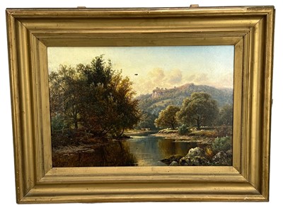 Lot 44 - Thomas Spinks (1847 - 1927), oil on canvas, river landscape with cattle and sheep grazing, a mountain beyond, signed and dated 1885, in gilt frame. 29 x 45cm.                                      ...