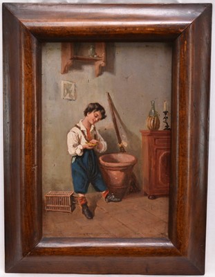 Lot 49 - Italian School 19th century, oil on panel, interior scene with a young lad holding a budgerigar in his hand, in wooden frame. 30 x 20cm.