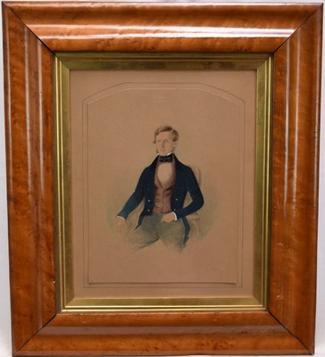 Lot 46 - John Watkins, watercolour, smartly dressed young gentleman seated in a chair, signed and dated 1841, in maple frame. 225 x 20cm.