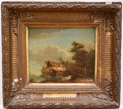 Lot 1203 - English School early 19th century, oil on canvas, river landscape with a mill on a bank by trees, in gilt frame. 14 x 17cm.